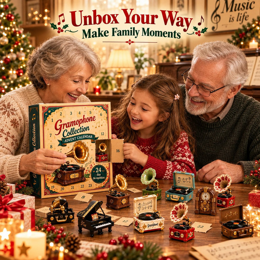 Family opening a vintage gramophone advent calendar together