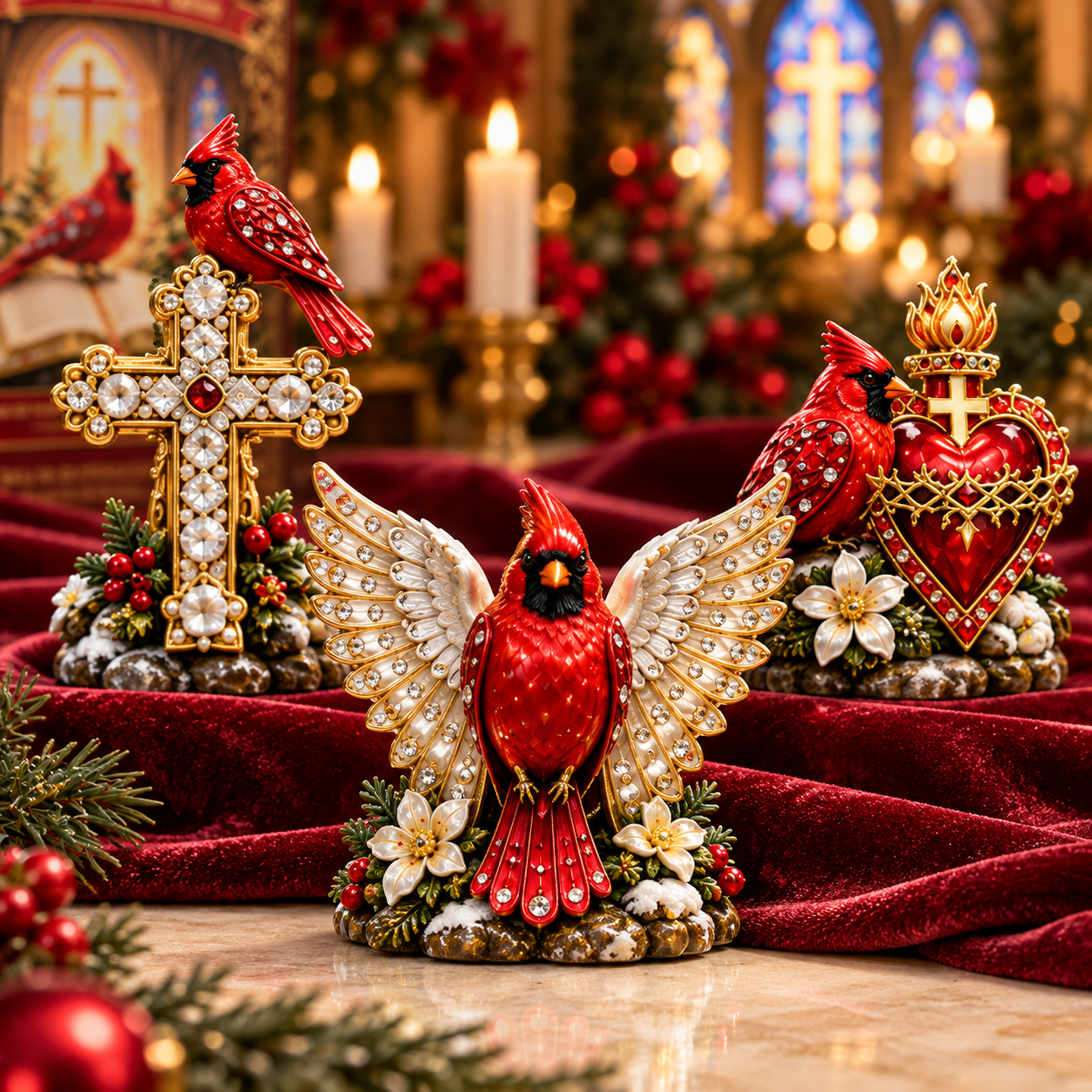 Close-up of red cardinal figurines with crosses and sacred heart motifs