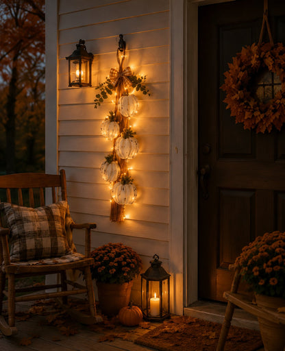 Rustic White Pumpkin Hanging Swag – 5-Pumpkin Fall Wall & Door Decor