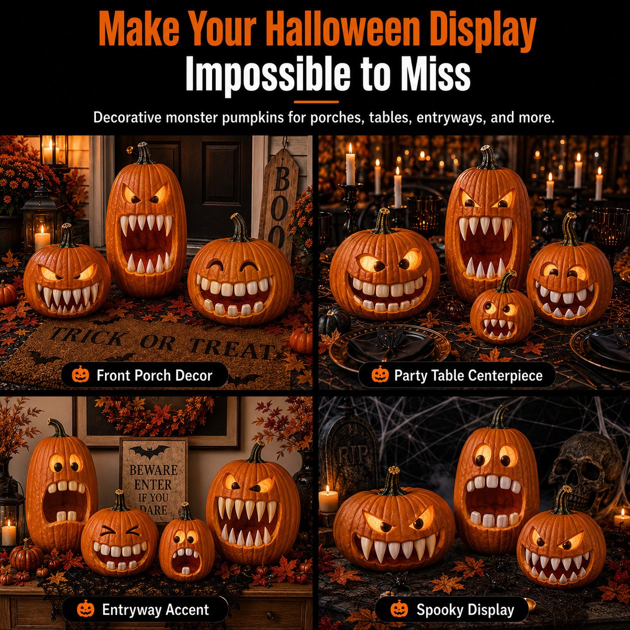 🔥 LAST DAY 49% OFF – 🎃 Monster Grin Pumpkin Decorating Kit | Create Bold 3D Jack-O’-Lantern Faces with Press-In Teeth & Reusable Designs 🦷✨