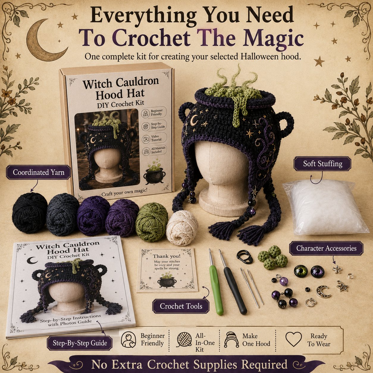 🔥 LAST DAY 49% OFF – 🎃✨ Halloween Hood Hat DIY Crochet Kit | Premium Soft Yarn Materials with Step-by-Step Guide DIY Handmade Wearable Spooky Character Hood 🧶🎭✨
