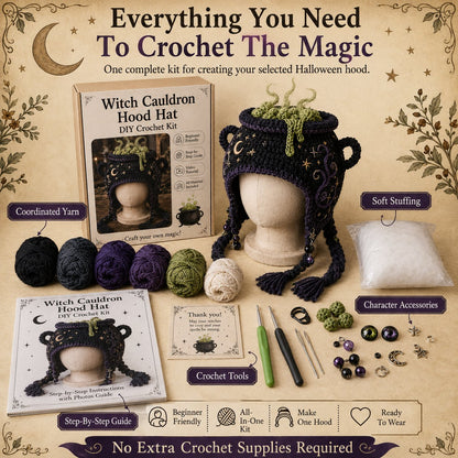 🔥 LAST DAY 49% OFF – 🎃✨ Halloween Hood Hat DIY Crochet Kit | Premium Soft Yarn Materials with Step-by-Step Guide DIY Handmade Wearable Spooky Character Hood 🧶🎭✨
