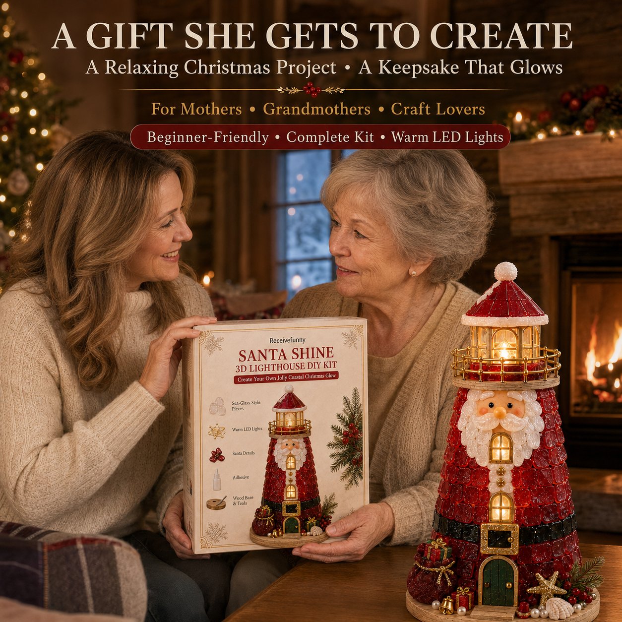 🎄Beginner-Friendly DIY Lighted Christmas Character Sea Glass-Style Lighthouse Kit Collection | Complete Kit with Sea Glass-Style Pieces, LED Lights & Step-by-Step Guide Included 💕