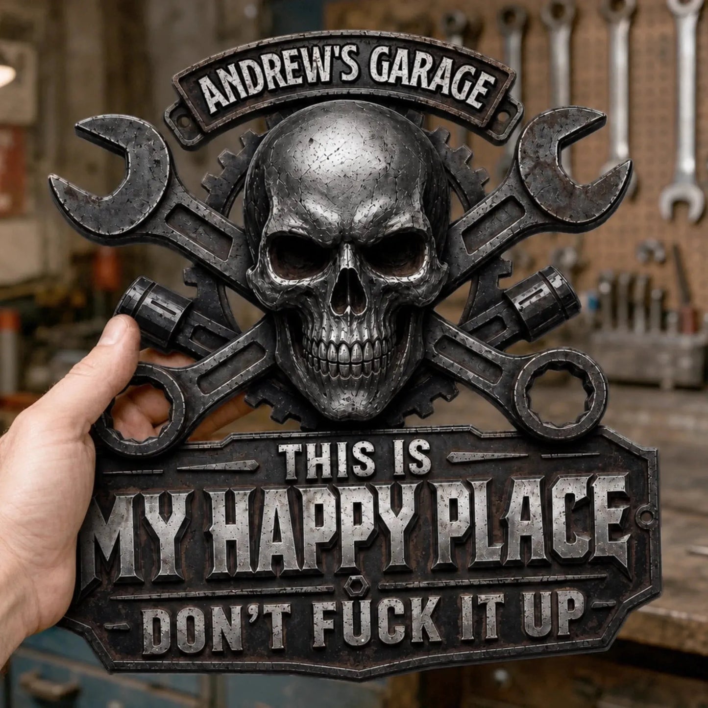 ⏳ Last Day 49% OFF – 💀 Personalized “This Is My Happy Place” Skull & Wrench Garage Metal Sign | Durable Stainless Steel with Custom Name, Faux 3D UV-Printed Details & Pre-Drilled Hanging Holes 🔧✨