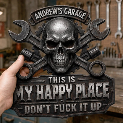 ⏳ Last Day 49% OFF – 💀 Personalized “This Is My Happy Place” Skull & Wrench Garage Metal Sign | Durable Stainless Steel with Custom Name, Faux 3D UV-Printed Details & Pre-Drilled Hanging Holes 🔧✨