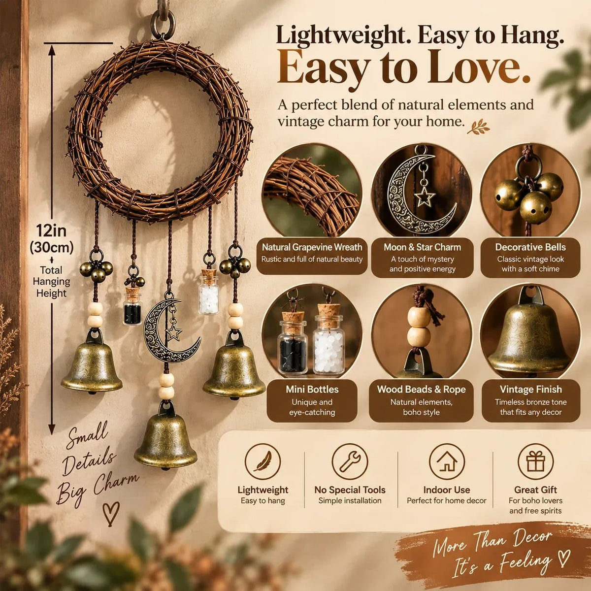 🌙🔔 Boho Moon & Bell Hanging Decor – Rustic Celestial Charm