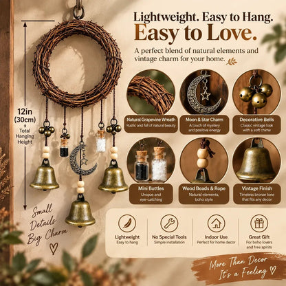 🌙🔔 Boho Moon & Bell Hanging Decor – Rustic Celestial Charm