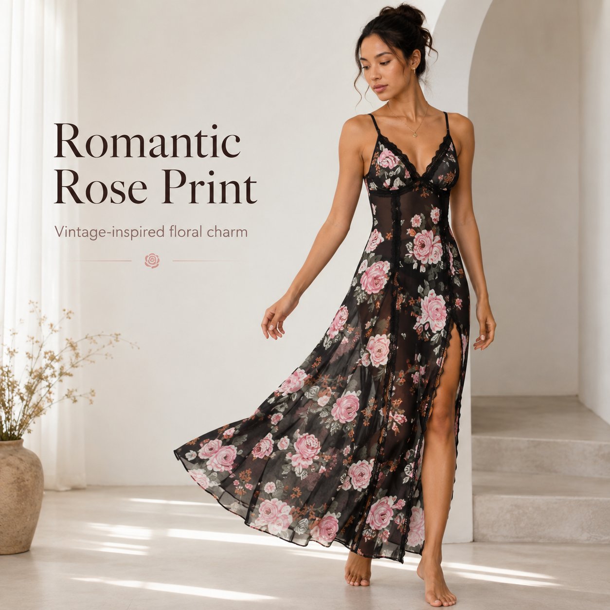 🔥Last Day 49% OFF - Sheer Floral Rose Print Maxi Dress 🎁Buy 2 Free Shipping
