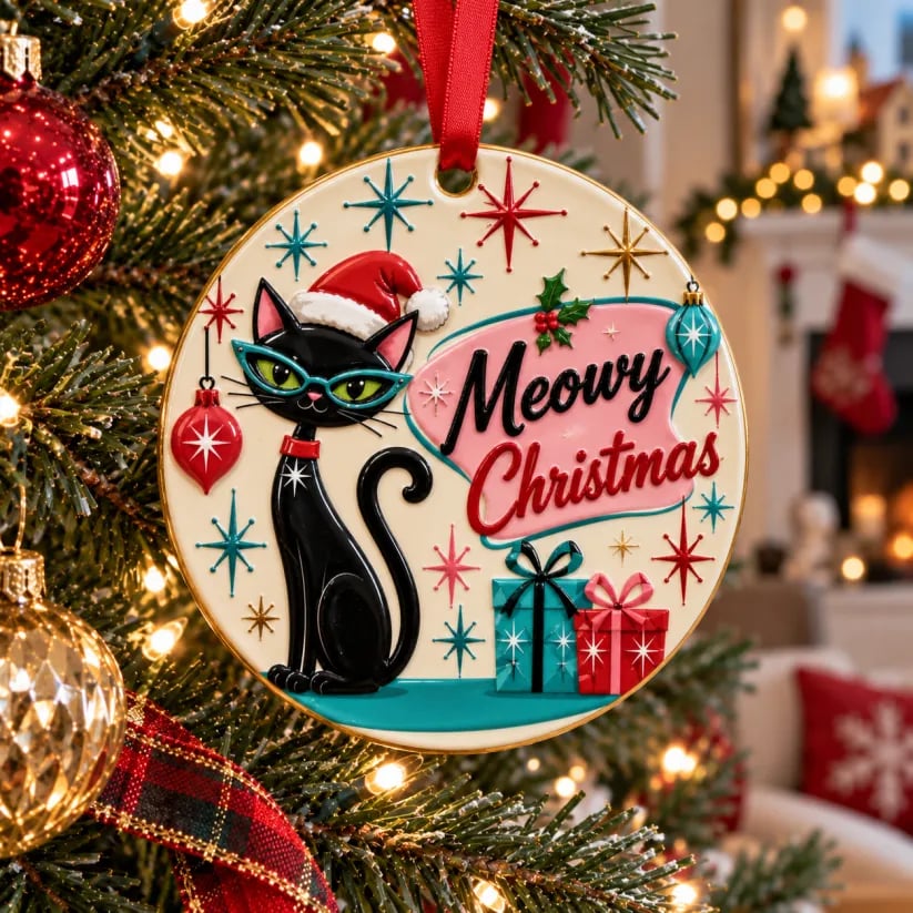 Vintage Mid-Century Black Cat Christmas Ornaments