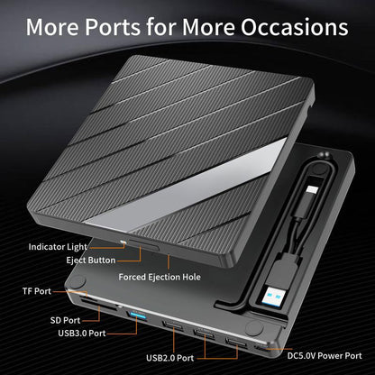 Laptop DVD Player USB C 3.0 Portable CD Burner with SD/TF Card Slot & 3 USB Ports Compatible with Mac, Windows, Linux