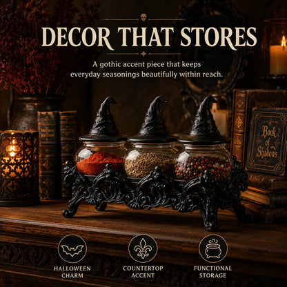 🧙‍♀️Witch-Hat Gothic Spice Jar Set — Ornate Resin Rack + 3 Glass Jars