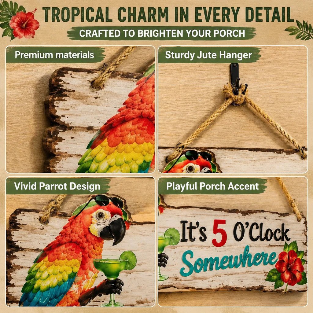Colorful Parrot Wooden Wall Sign – Tropical Cocktail Bar Decor