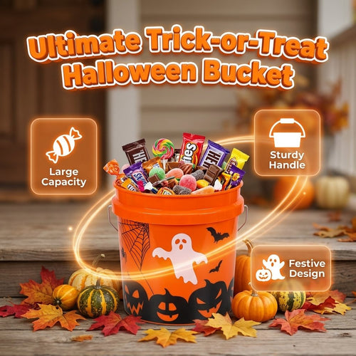 🔥HOT SALE🔥🎃Halloween Trick or Treat Candy Buckets with Sturdy Handle - Classic Home Depot Orange Ghost Pumpkin Bat Trick-or-Treat Pails - Durable Reusable Plastic Bucket Container for Kids Party Favors & Seasonal Decor🍬