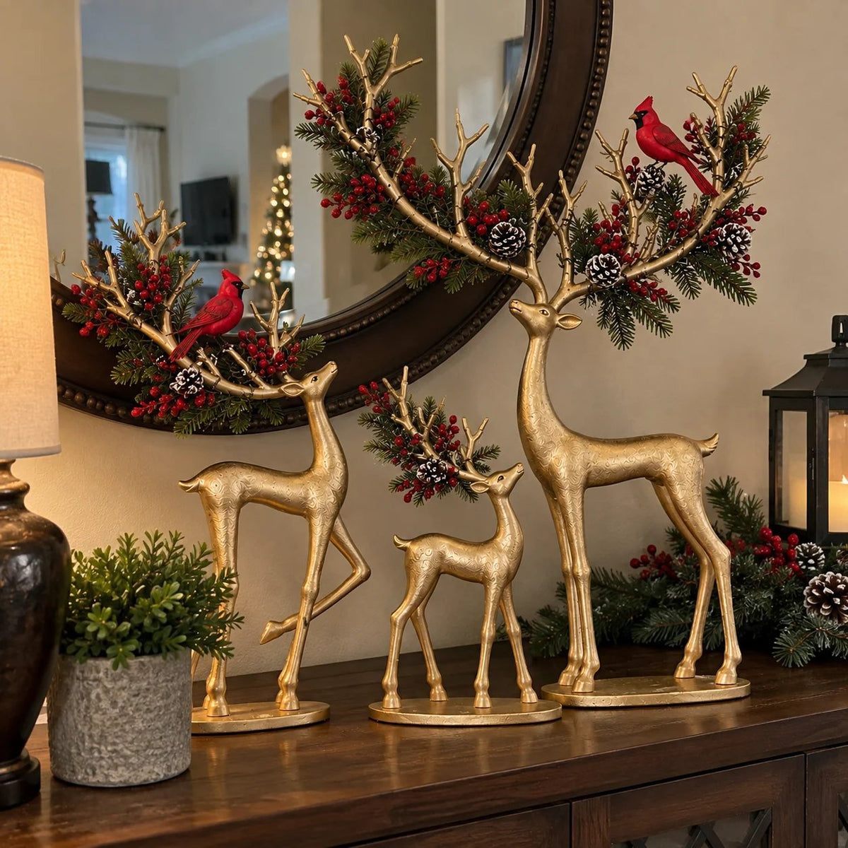 ✨ Cardinal Woodland Reindeer™ – Lighted Golden Christmas Deer Decorations
