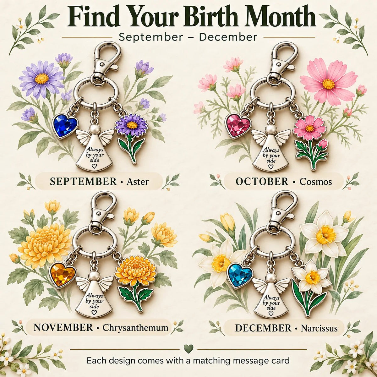 🔥LAST DAY 50% OFF - 👼 Always By Your Side: Birth Month Angel & Flower Keychain + Keepsake Card 🌸