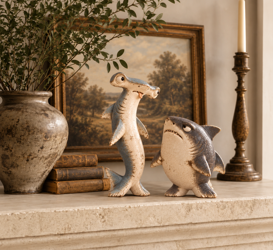 Odd Shark Duo on mantel