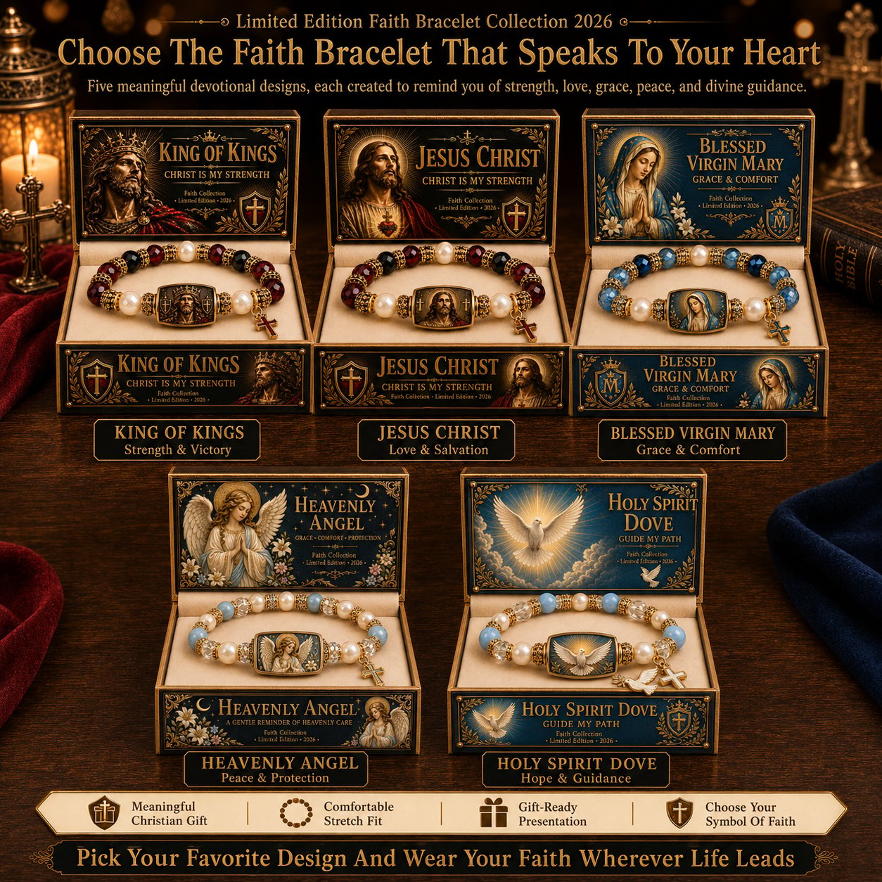 ✝️ Limited Edition Faith Bracelet Collection 2026 | 5 Sacred Designs, Comfortable Stretch Fit & Matching Devotional Gift Box 👑🕊️✨