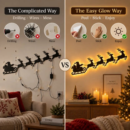 LED Christmas Santa Sleigh Wall Art, Illuminated Reindeer Silhouette Metal Sign, Warm Backlit Holiday Wall Decor
