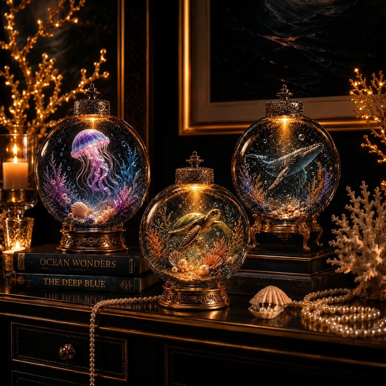 🌊 Ocean Series Illuminated 3D Model Decoration Collection | Clear Display Ornament with Detailed Sea Creatures, Coral, Shell & Pearl-Style Accents ✨
