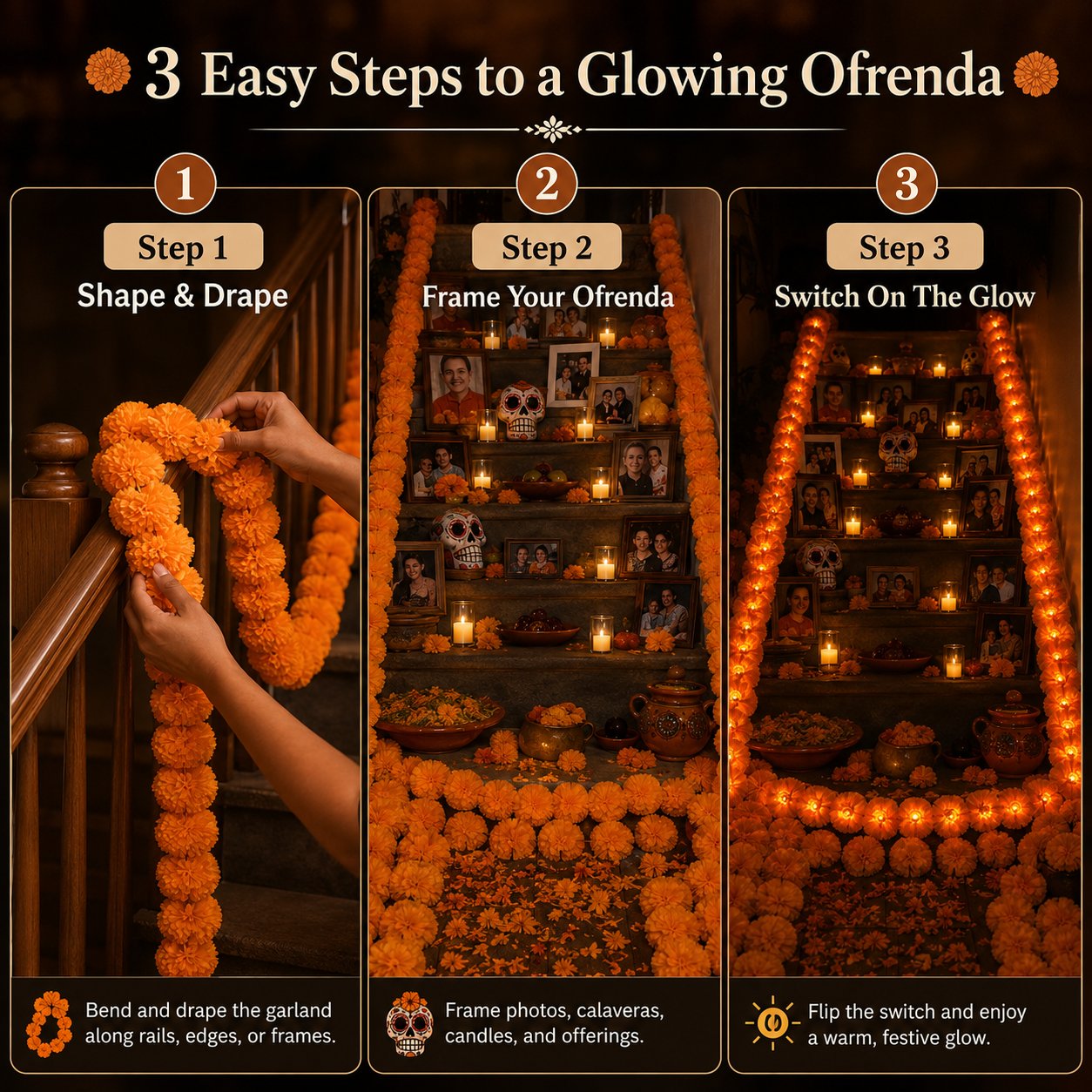 🕯️LED Marigold Cempasúchil Garland for Día de Muertos