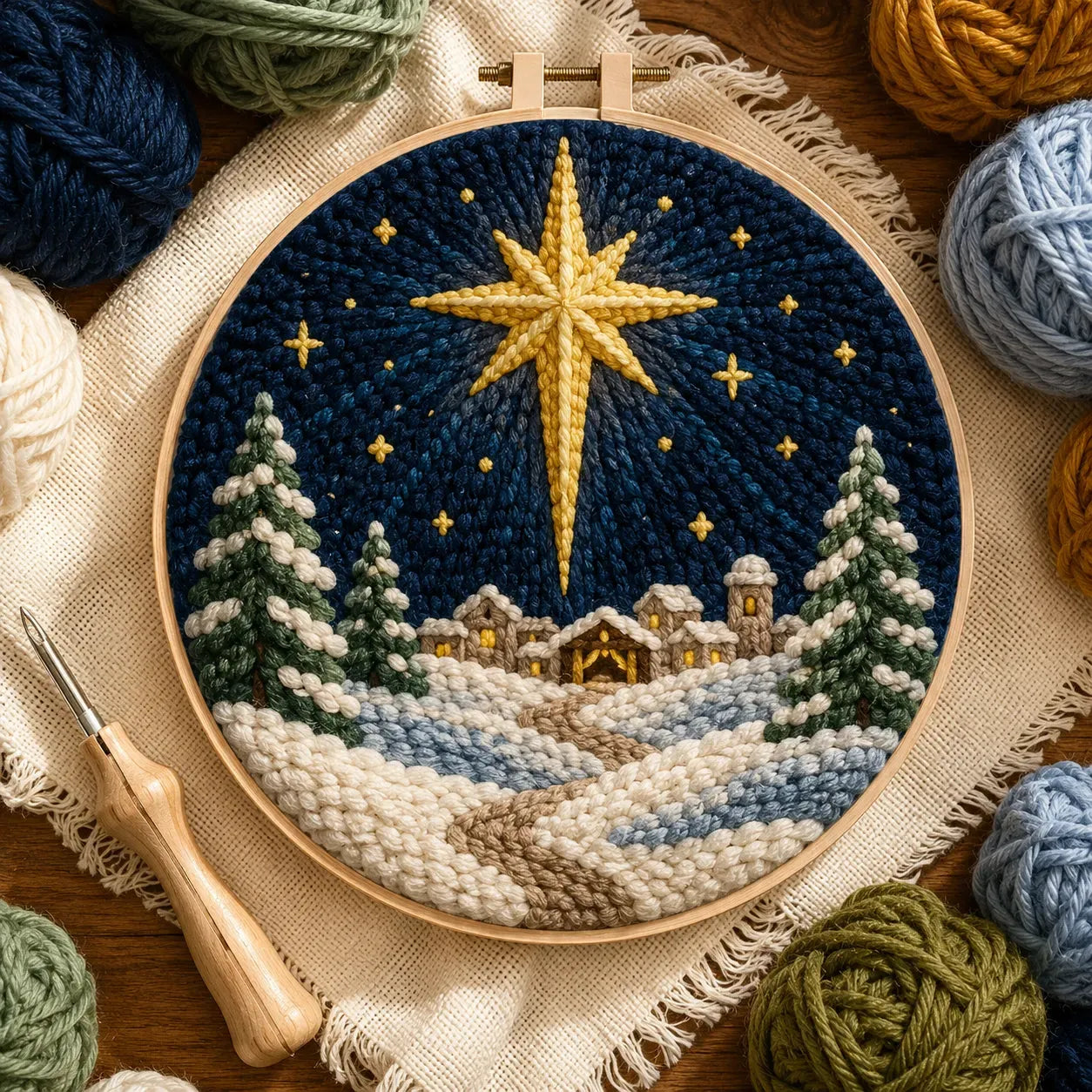 ⏳ Last Day 49% OFF – 🎄Beginner-Friendly Christmas Punch Needle DIY Kit | Complete Kit with Pre-Printed Fabric, Wooden Hoop, Thick Yarn, Punch Needle Tool & Step-by-Step Guide Included 💕