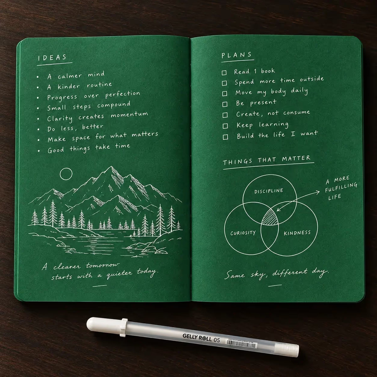 💚 Deep Green Blank Notebook with White Gel Pen | Aesthetic Writing & Sketch Journal