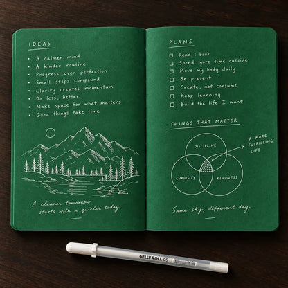 💚 Deep Green Blank Notebook with White Gel Pen | Aesthetic Writing & Sketch Journal
