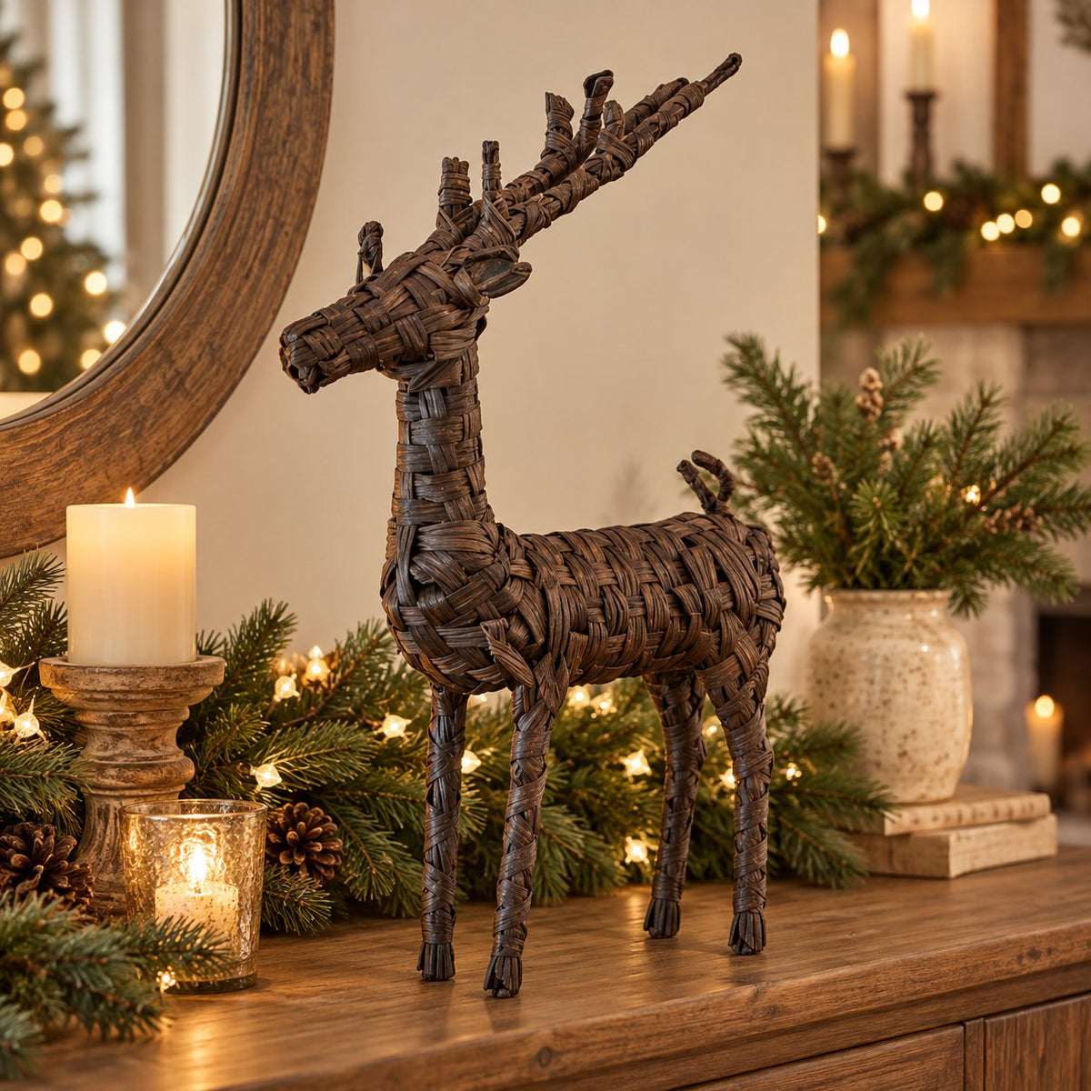 🦌 Woven Rattan Reindeer Christmas Décor – Rustic Holiday Reindeer