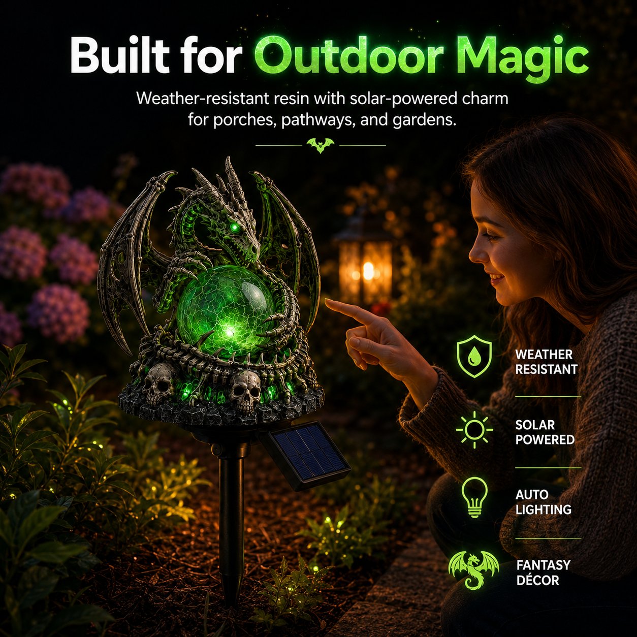 🐉 Solar Dragon Skull Crystal Orb Garden Light – Glowing Gothic Fantasy Halloween Outdoor Yard Decor with Solar Panel✨13*10*12cm（副本）