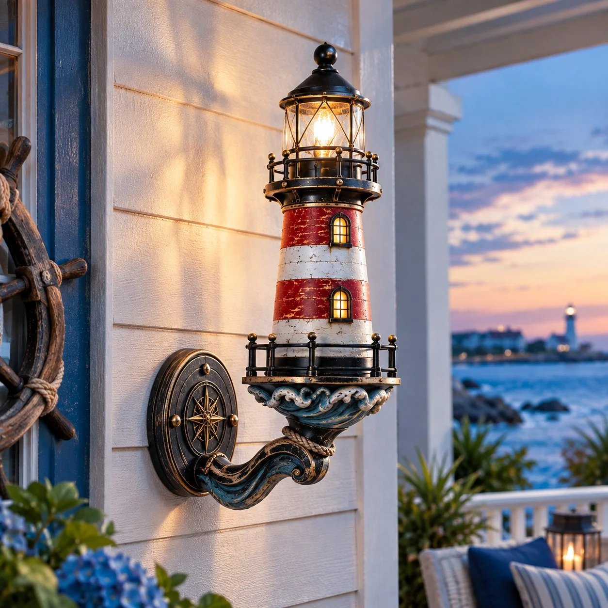 Vintage lighthouse wall light on coastal porch
