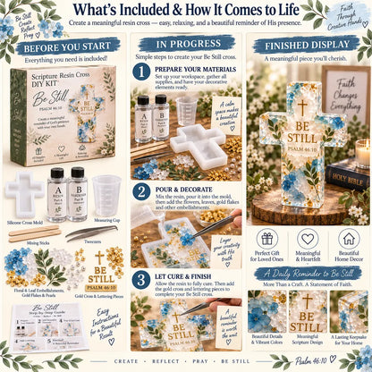 ✝️ Beginner-Friendly Be Still Scripture Resin Cross DIY Kit | Complete Kit with Cross Mold, Two-Part Resin, Florals, Gold Accents, Tools & Step-by-Step Guide Included 💕