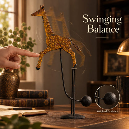 Handcrafted Balancing Giraffe Kinetic Desk Sculpture Mid-Century Kinetic Art Statue for Office Desktop & Home Table Decor