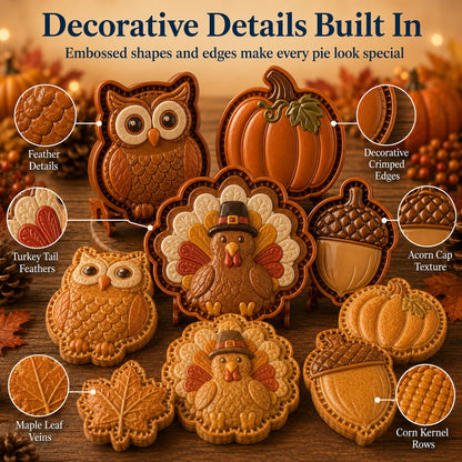⏳ Last Day 49% OFF – 🍂 8-Design Fall Mini Pie Mold Collection | Reusable Embossed Molds for Shaping Detailed Owl, Fox, Turkey, Pumpkin, Acorn & More 🥧✨