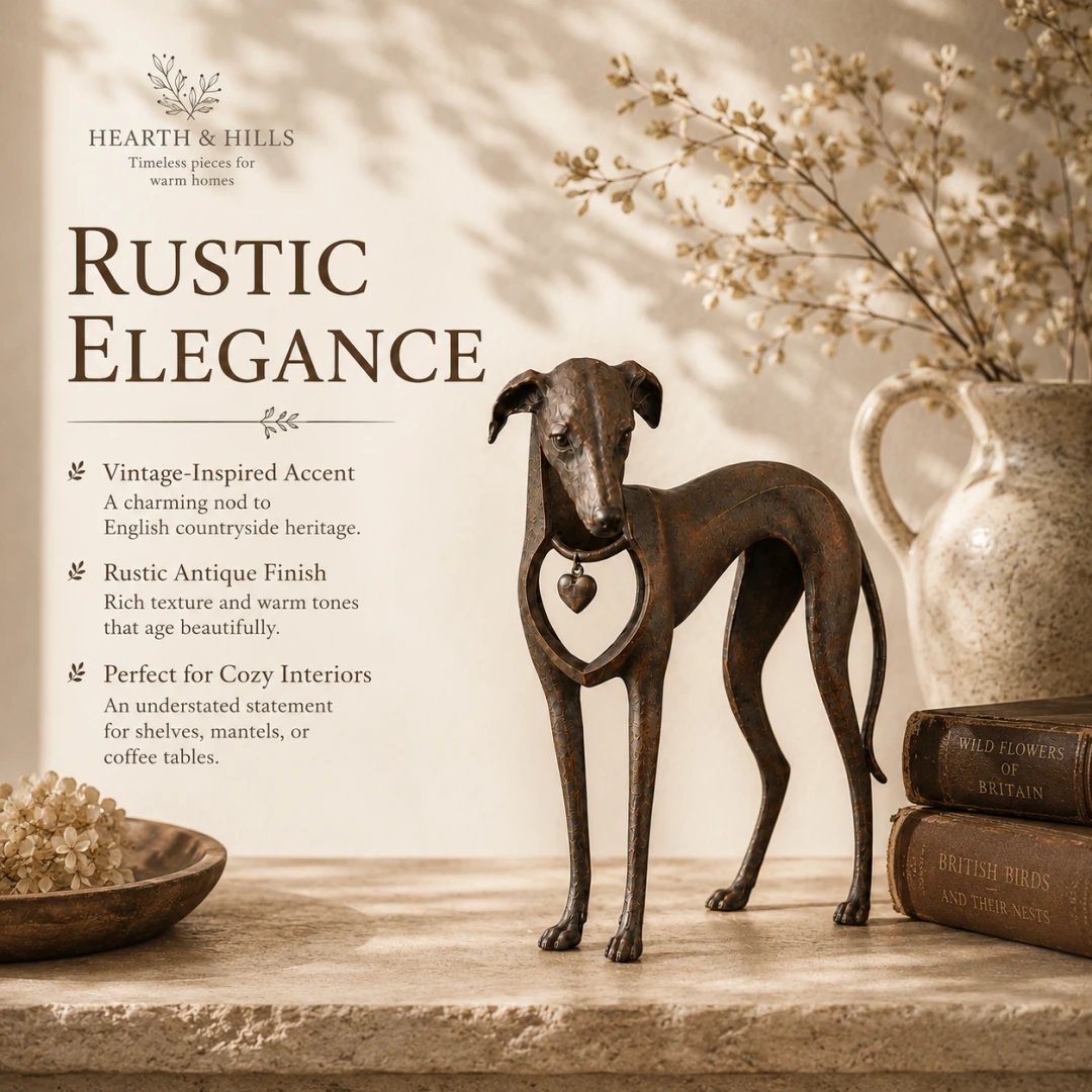 Heritage Heart Sighthound Sculpture – Vintage Iron Dog Accent for Timeless Interiors