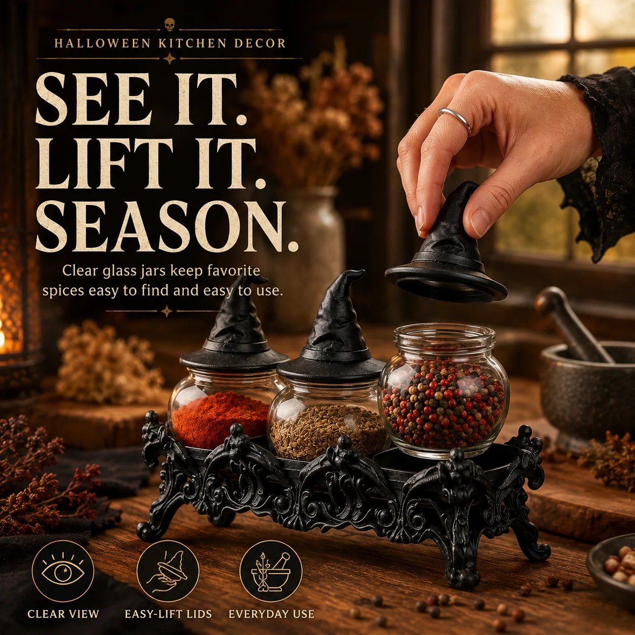 🧙‍♀️Witch-Hat Gothic Spice Jar Set — Ornate Resin Rack + 3 Glass Jars