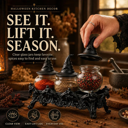 🧙‍♀️Witch-Hat Gothic Spice Jar Set — Ornate Resin Rack + 3 Glass Jars