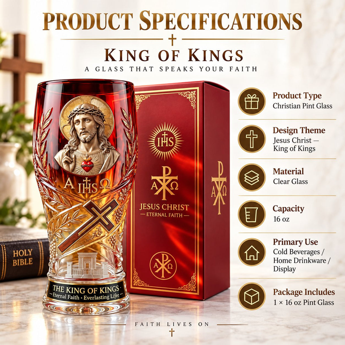Jesus Christ King of Kings Pint Glass – 16 oz Christian Faith Drinkware & Inspirational Gift