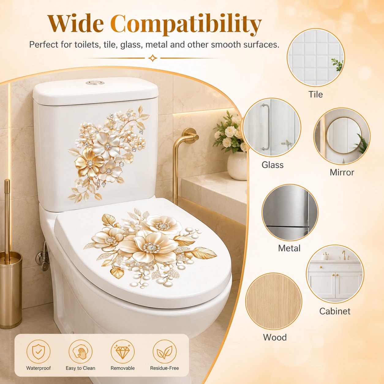 🌼Luxury Golden Flower Toilet Sticker