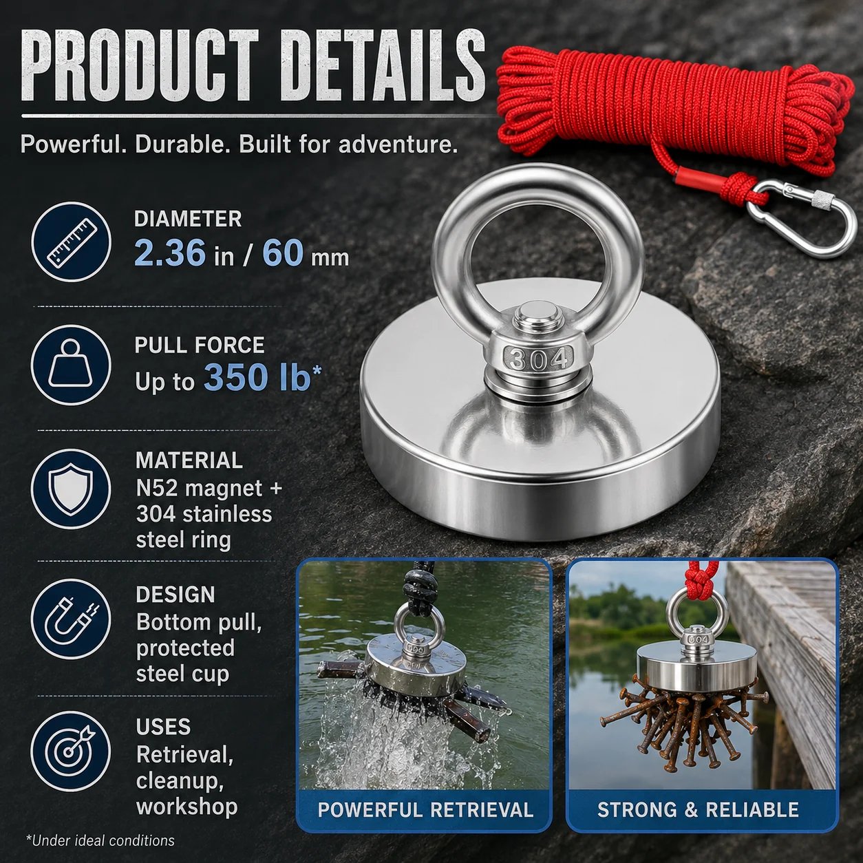 🔥🛠️Heavy Duty Fishing Magnet,Magnet with Countersunk Eyebolt