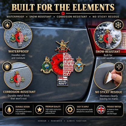 🌺👑 British Armed Forces “Lest We Forget” Remembrance Poppy Tribute Metal Car Emblem | 7–8-Inch 3D Metal Design with Raised Military-Inspired Details & Heavy-Duty Adhesive Backing 🇬🇧