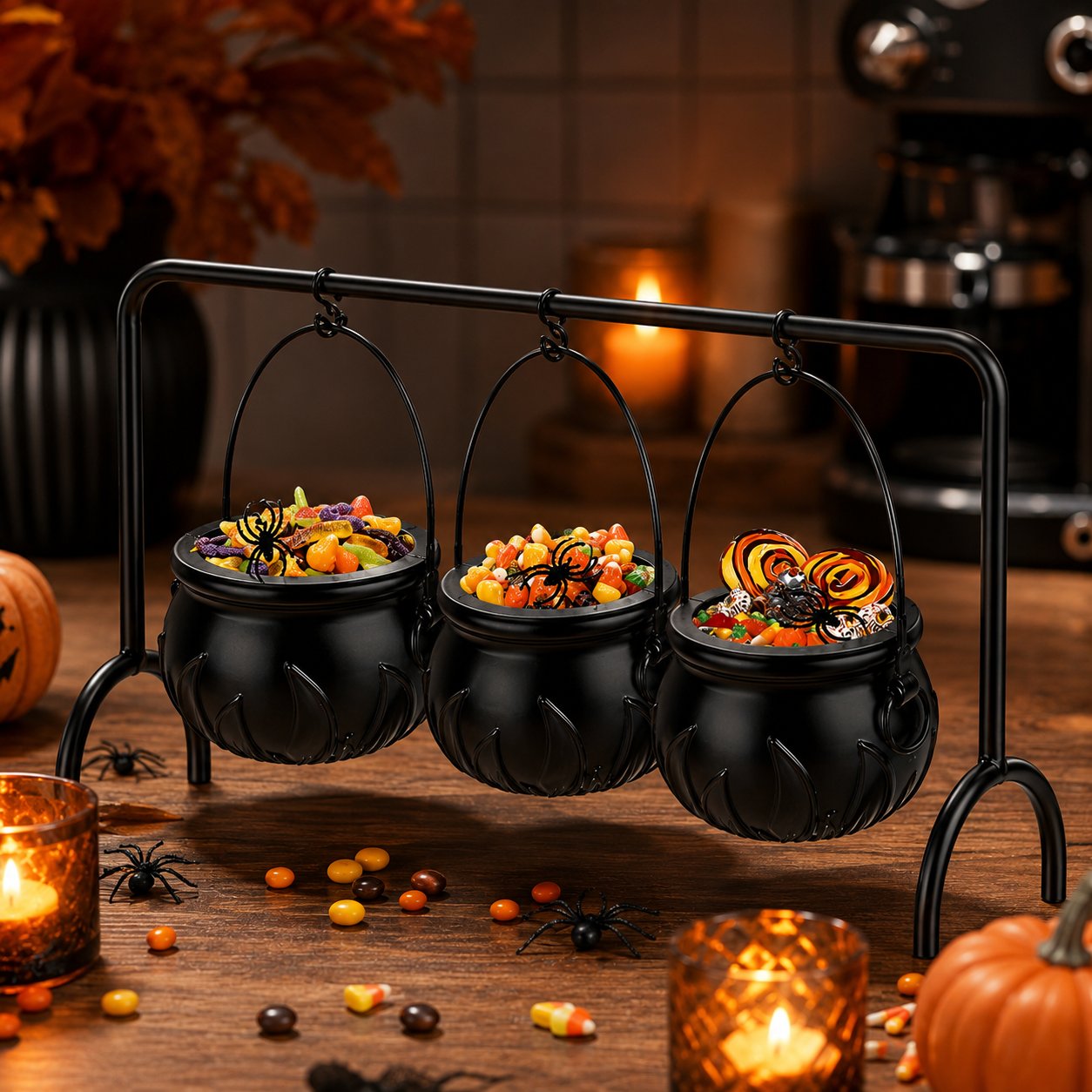 Halloween Caramel Apple Dip Station - Hanging Witch Cauldron & Ceramic Candlelit Fondue Warmer Set