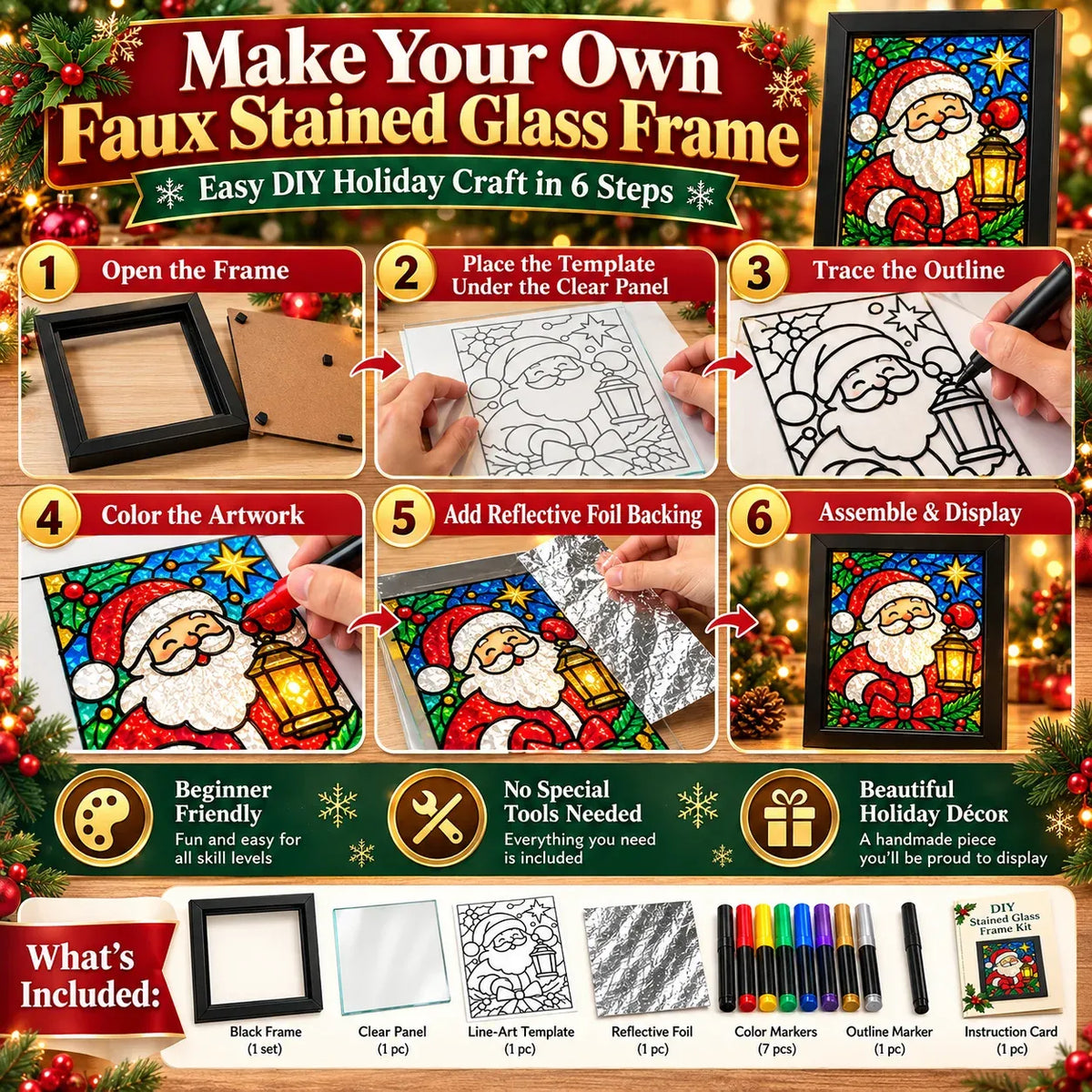 ⏳ Last Day 49% OFF – 🎄Beginner-Friendly Christmas Stained Glass-Style Frame Kit | 8 Festive Designs with Pens, Foil & Frame ✨