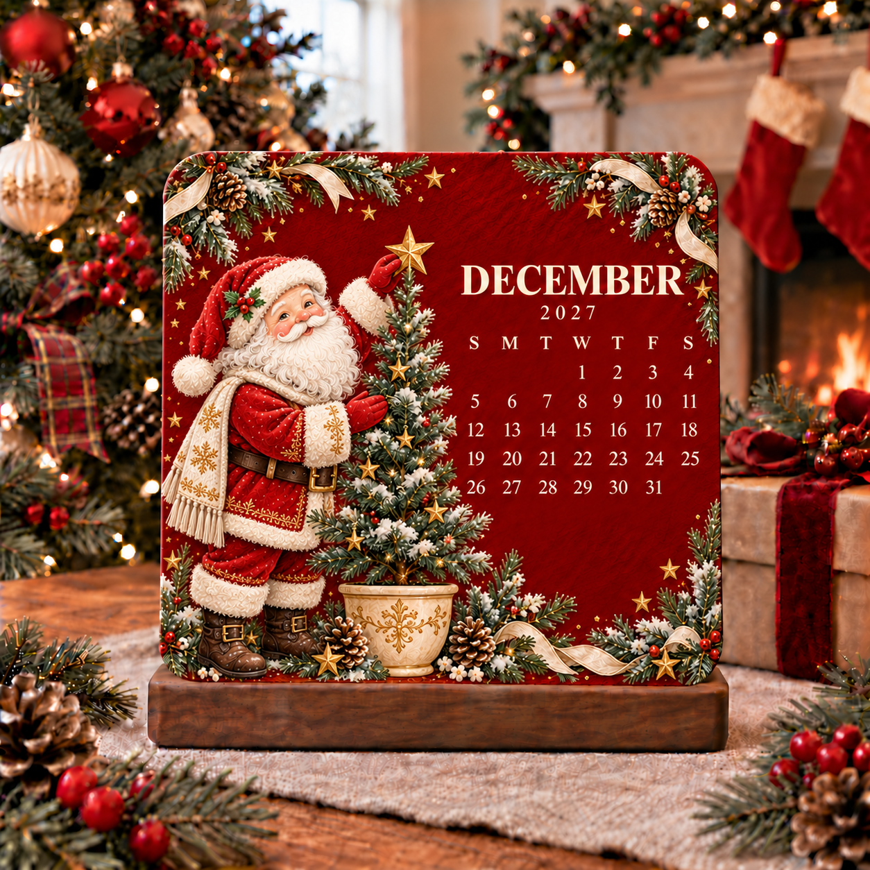 December 2027 Santa with decorated Christmas spruce tree calendar