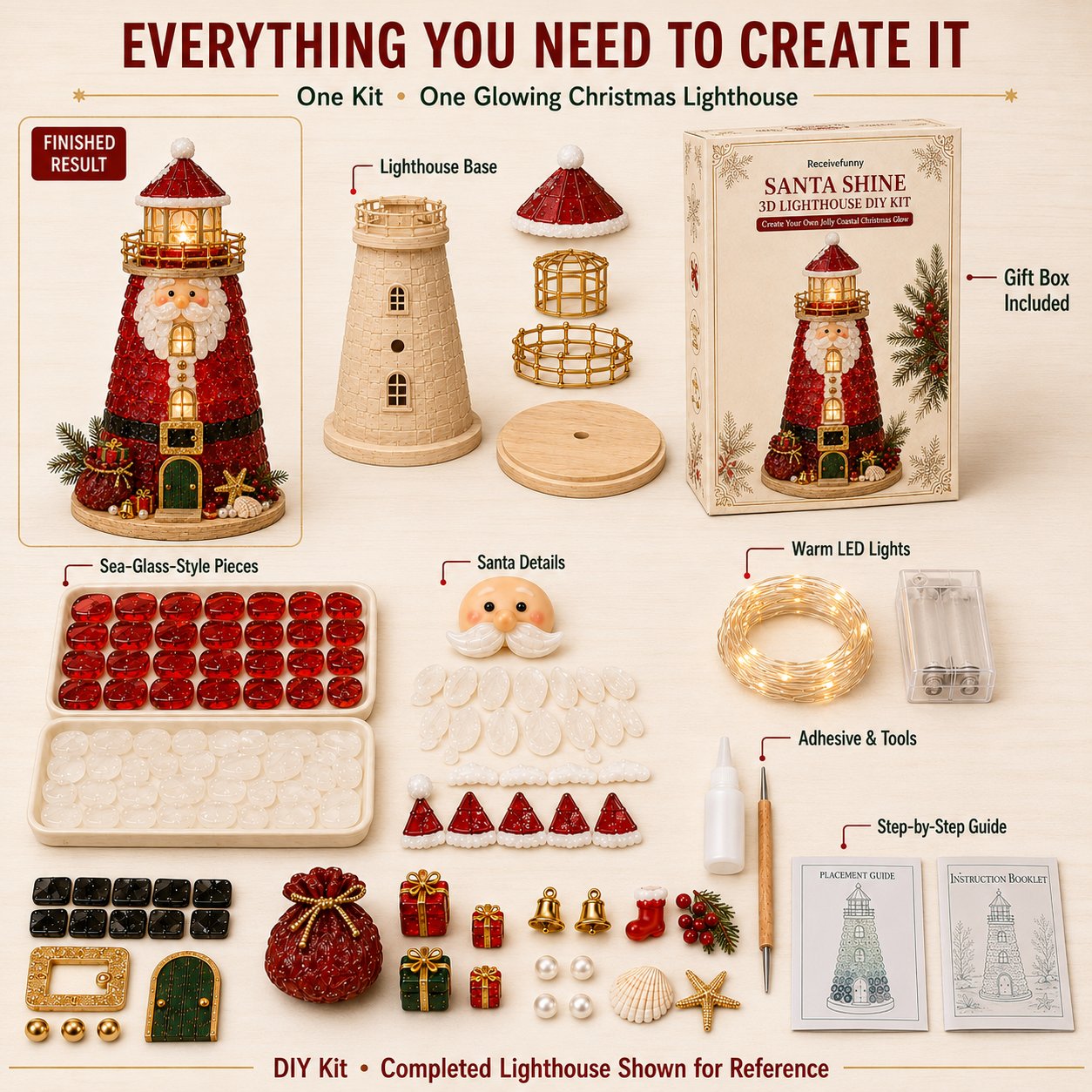 ⏳ Last Day 49% OFF – 🎄Beginner-Friendly DIY Lighted Christmas Character Sea Glass-Style Lighthouse Kit Collection | Complete Kit with Sea Glass-Style Pieces, LED Lights & Step-by-Step Guide Included 💕