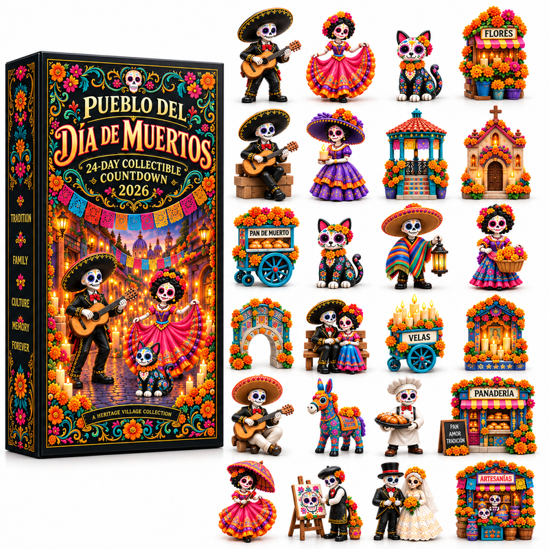 Twenty-four colorful Día de Muertos inspired collectible miniatures