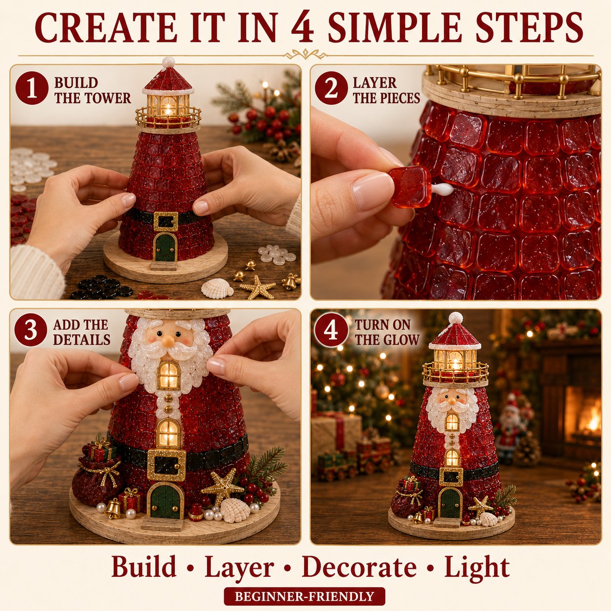 🎄Beginner-Friendly DIY Lighted Christmas Character Sea Glass-Style Lighthouse Kit Collection | Complete Kit with Sea Glass-Style Pieces, LED Lights & Step-by-Step Guide Included 💕