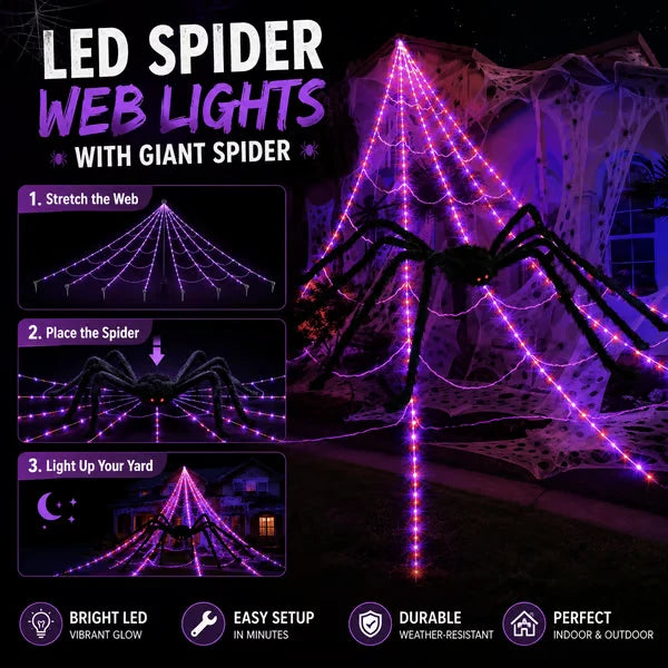 Halloween LED Spider Web Lights & Giant Black Spider Decor | 250 LEDs, 8 Modes, Remote Control