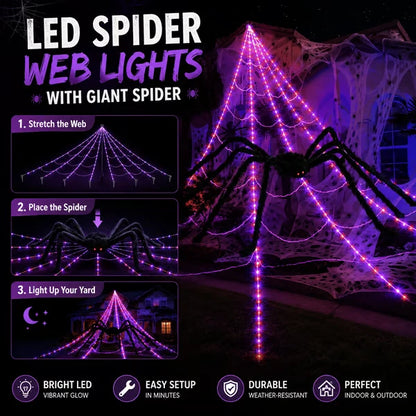 Halloween LED Spider Web Lights & Giant Black Spider Decor | 250 LEDs, 8 Modes, Remote Control
