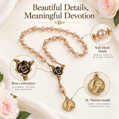 🌹 St. Thérèse “Little Flower” Rose Novena Chaplet – Blush Pearl Prayer Beads