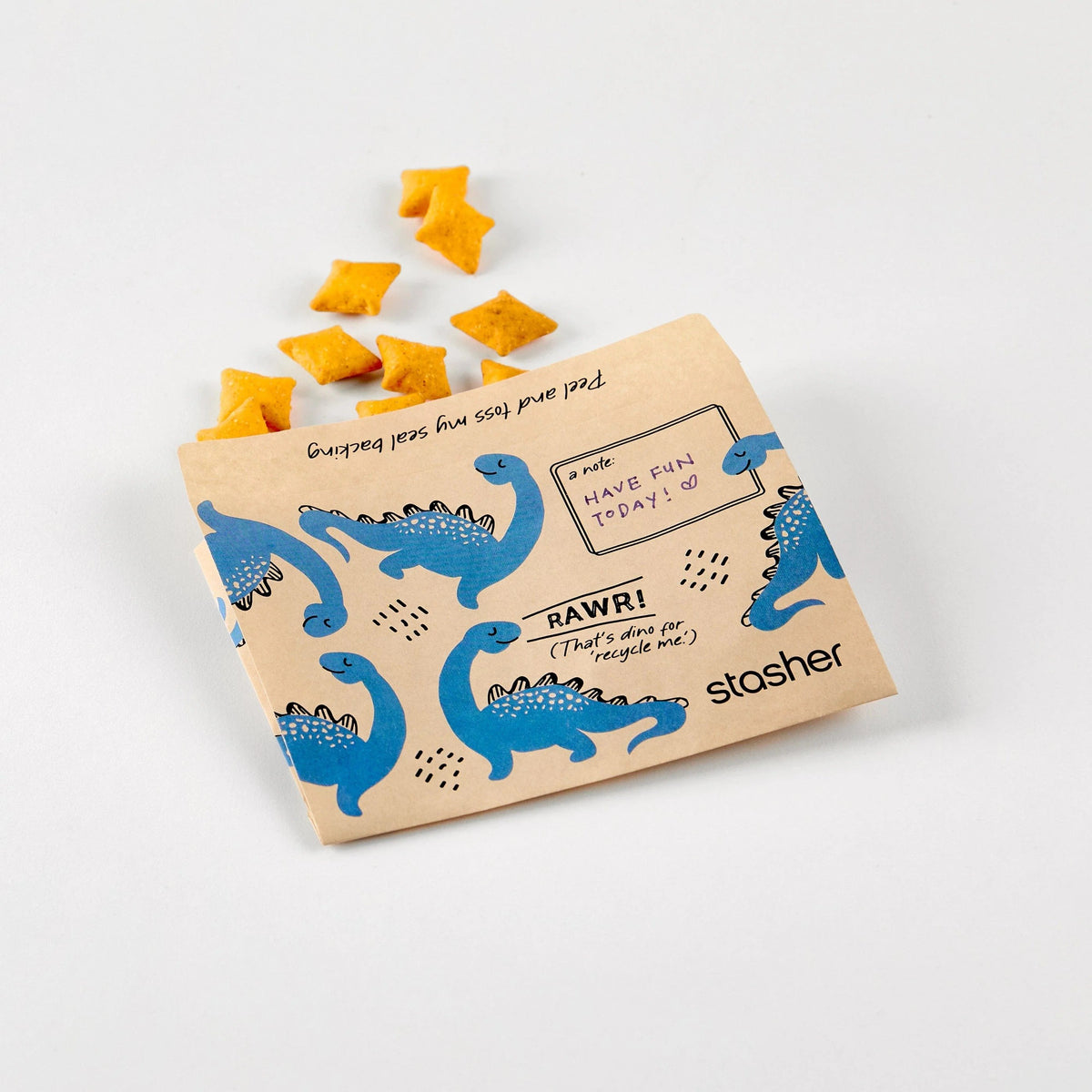 Kids Recyclable Paper Snack Bags, Sealable Dinosaur Design 50 Count Food Sacks
